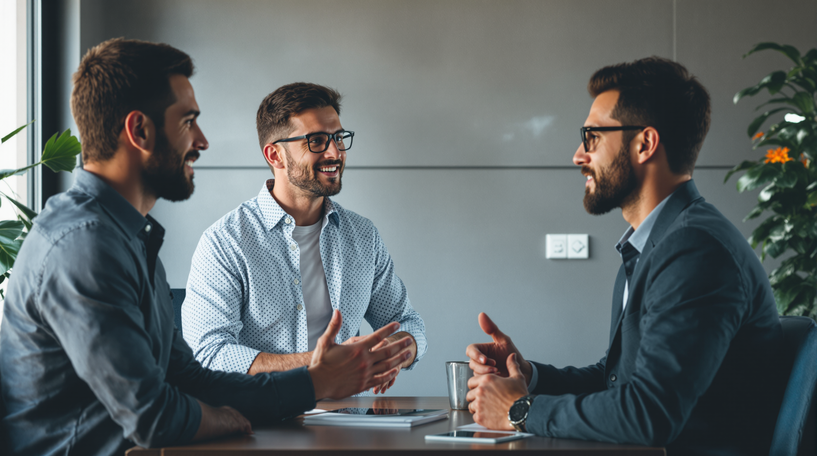 3 people talking in an office.